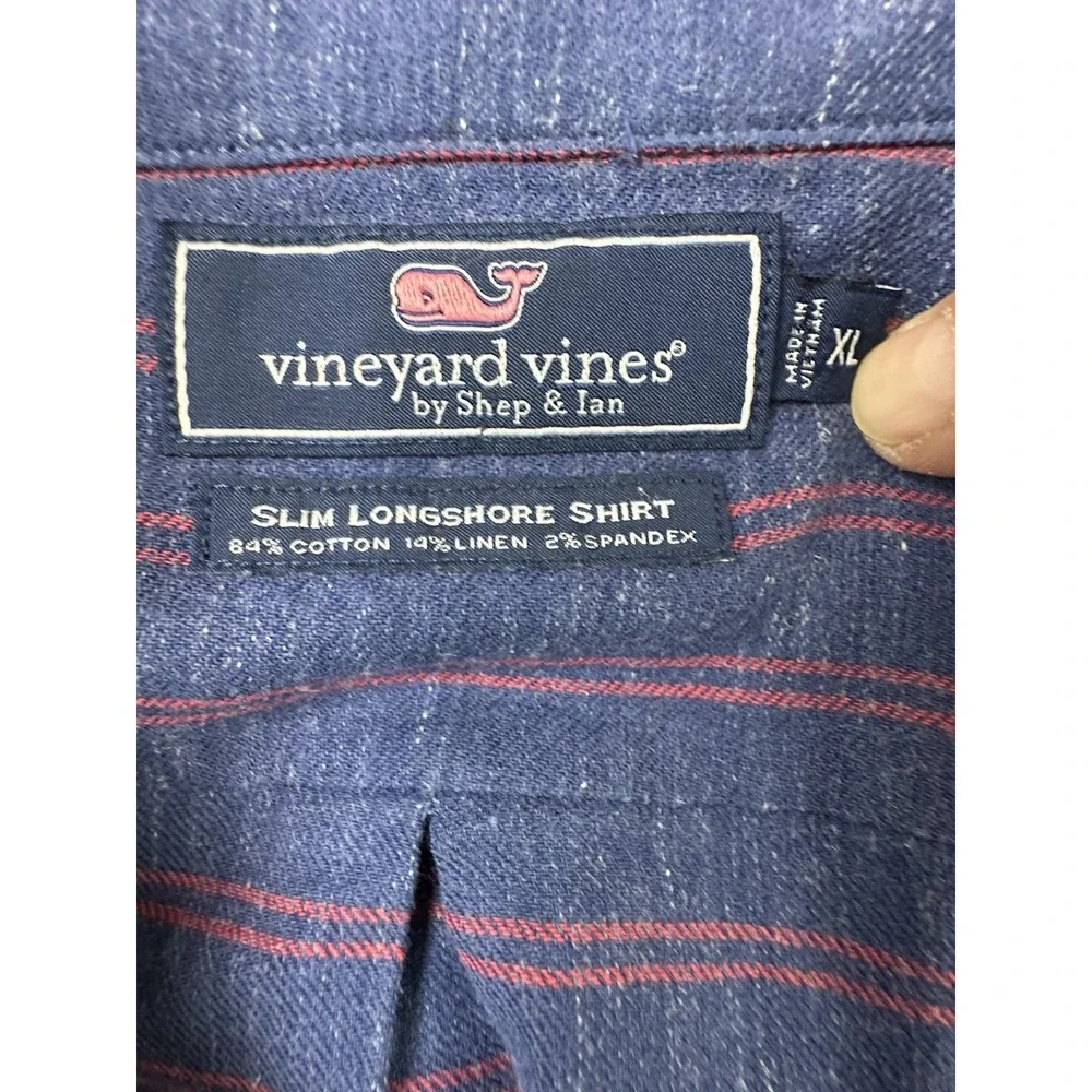 Vineyard Vines Slim Longshore Shirt Mens Sz XL Blue Red Striped Linen Blend